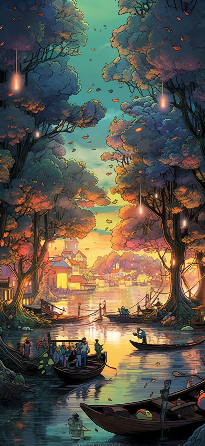 小镇岸边夏天夜晚萤火虫森林树植物河流倒影静谧唯美插画,插画/手绘图,插画/手绘图库,插画/手绘图下载,插画/手绘